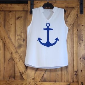 White Sleeveless Nautical Anchor Tank with Blue Print  ,sizeXL,pit To Pit 21